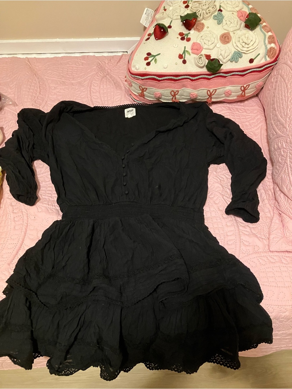 aerie Black Tiered Mini Dress with Button-Front
